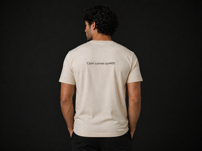 Male model wearing Quiet Tide minimalist t-shirt in natural color with back logo on dark luxury background